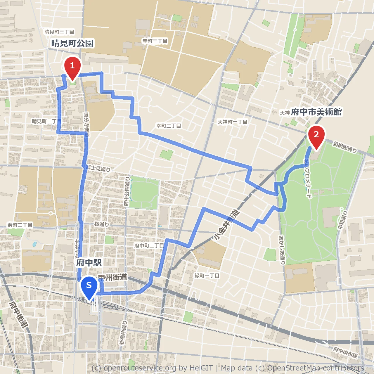 晴見町公園から府中市美術館へ自然散策 のコースマップ