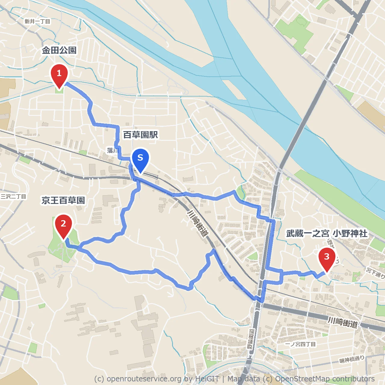 百草園と小野神社を巡る歴史と自然の散歩道 のコースマップ