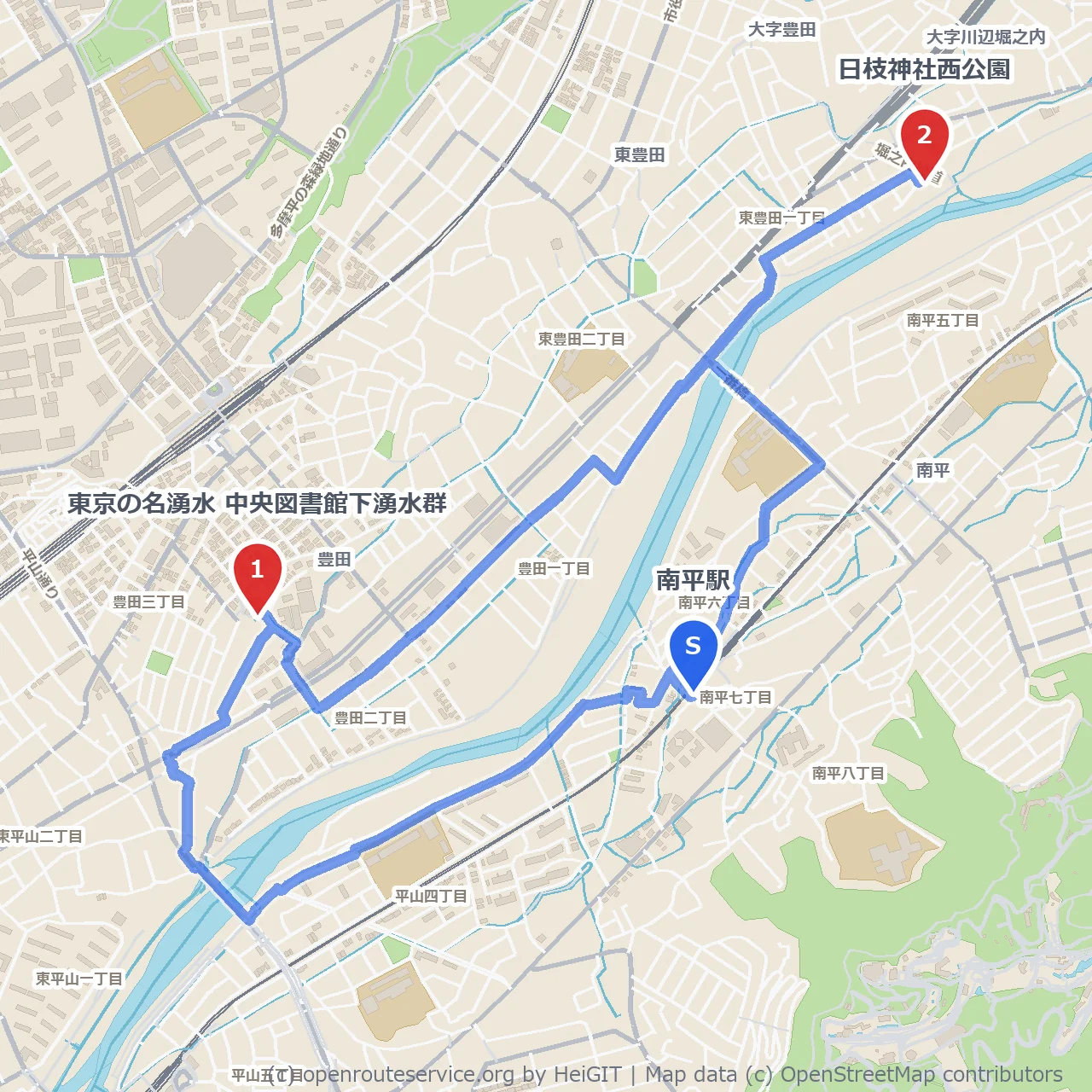 南平駅から湧水巡りと日枝神社西公園散策 のコースマップ