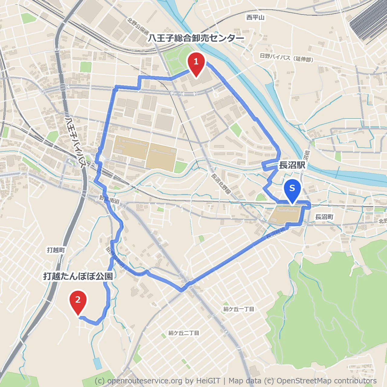 長沼駅近く 八王子卸売センターから打越たんぽぽ公園へ5km散歩 のコースマップ