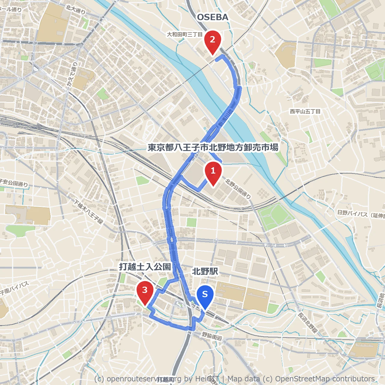 北野市場からOSEBAを巡る歴史と自然の散策路 のコースマップ