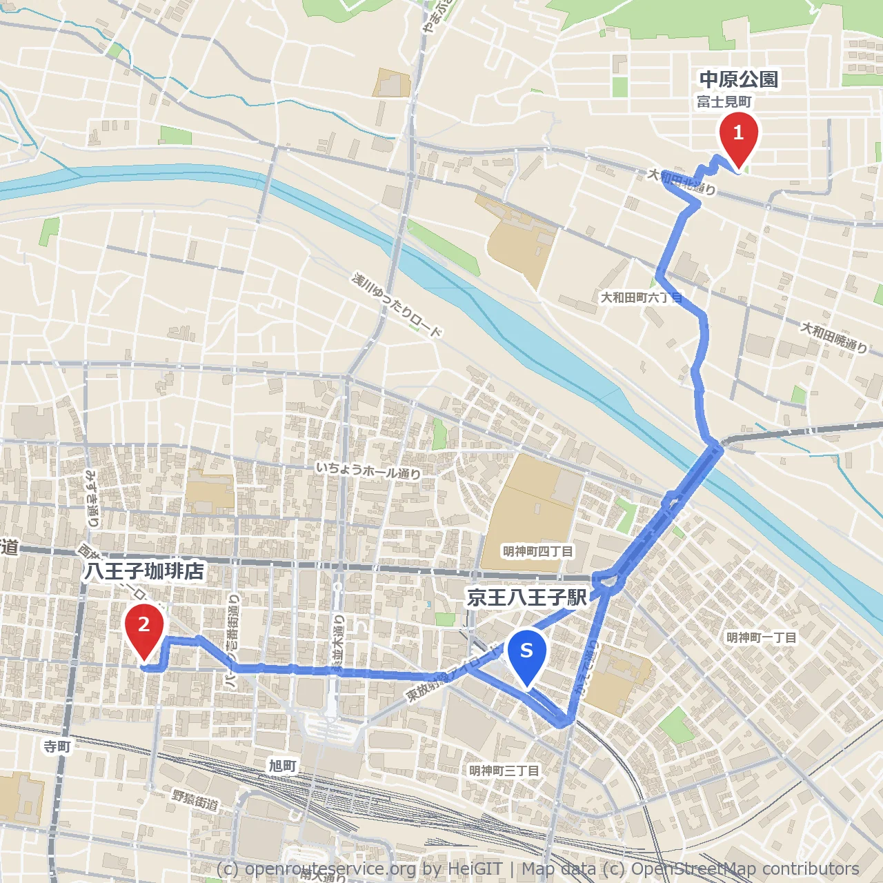 中原公園から八王子珈琲店へ自然散策の道 のコースマップ