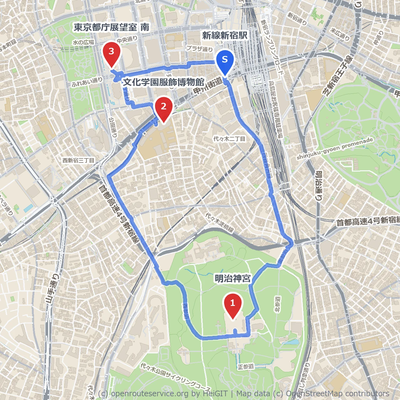 明治神宮と東京都庁展望室を巡る文化歩き のコースマップ