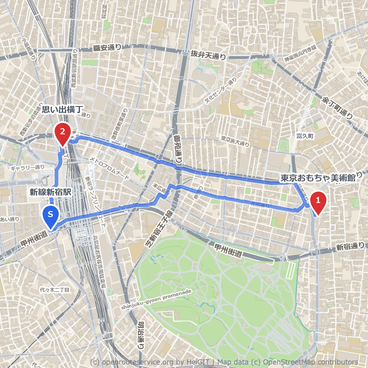 東京おもちゃ美術館から思い出横丁の懐かし散歩 のコースマップ