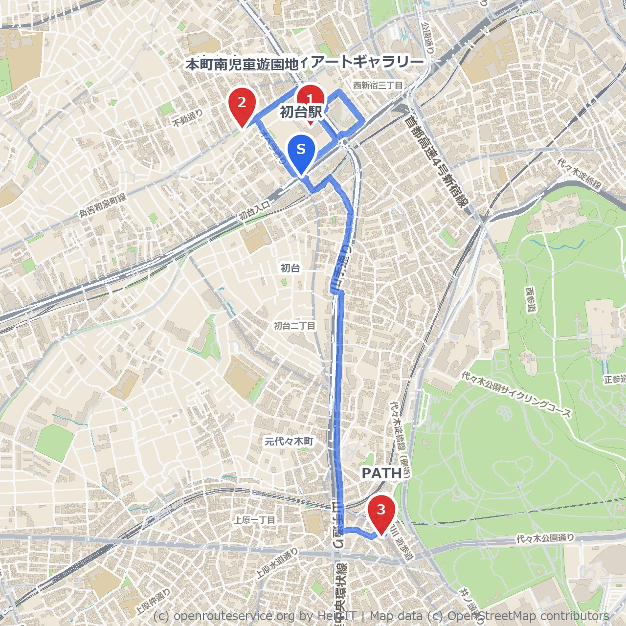 東京オペラシティと遊園地を巡る初台アート散歩 のコースマップ