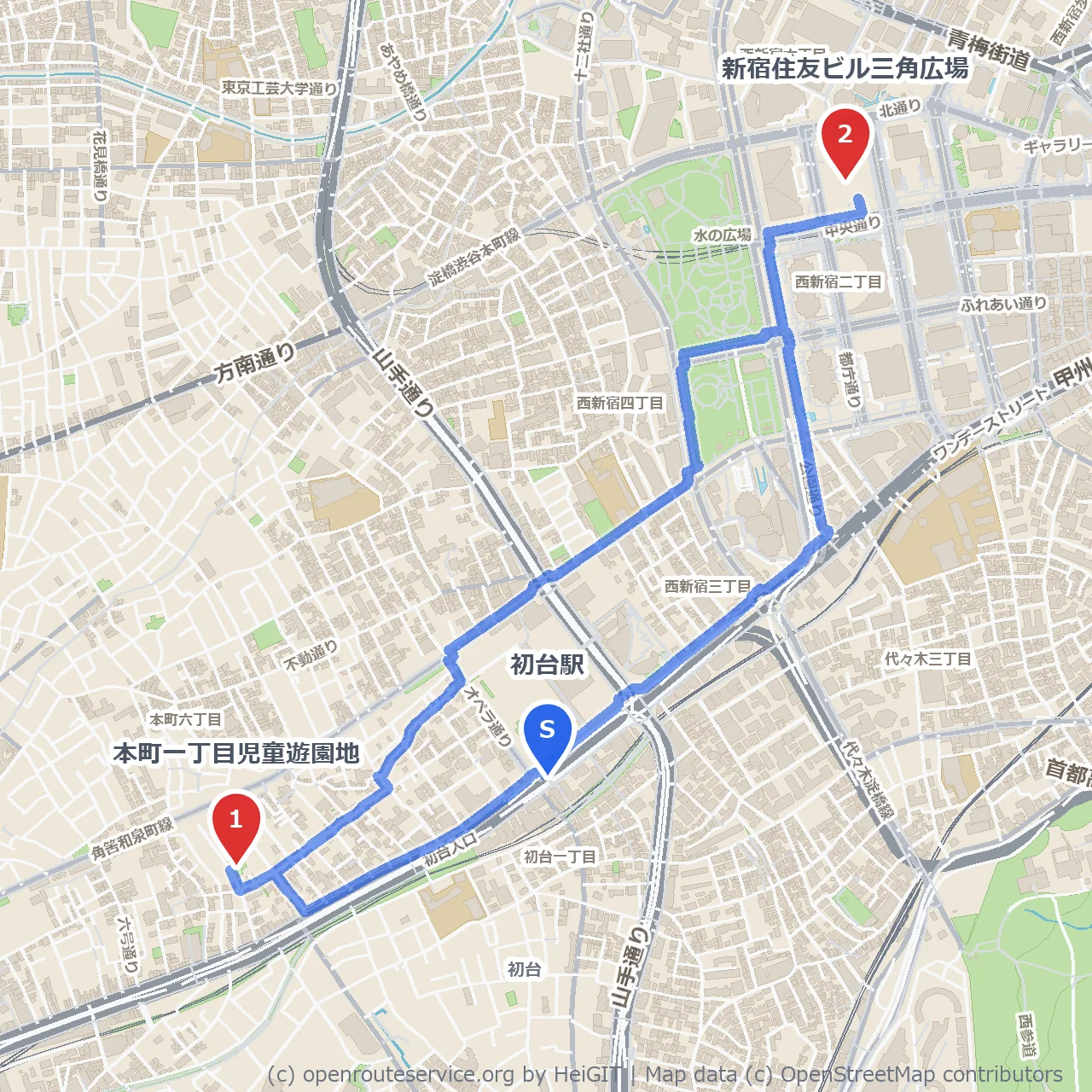 初台の児童遊園地から新宿ビル街をめぐる散歩 のコースマップ