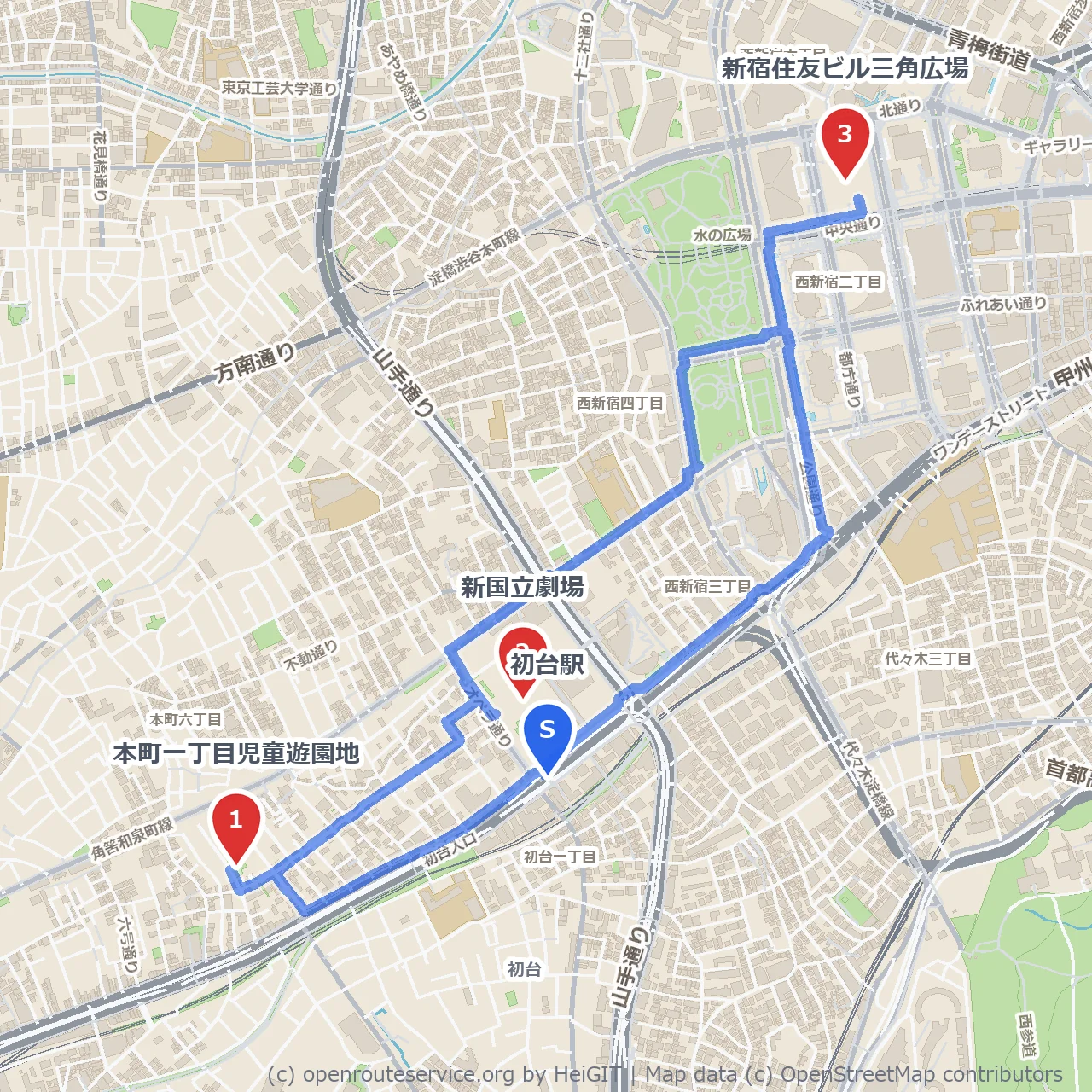 本町一丁目遊園地と新国立劇場をめぐる初台散歩 のコースマップ
