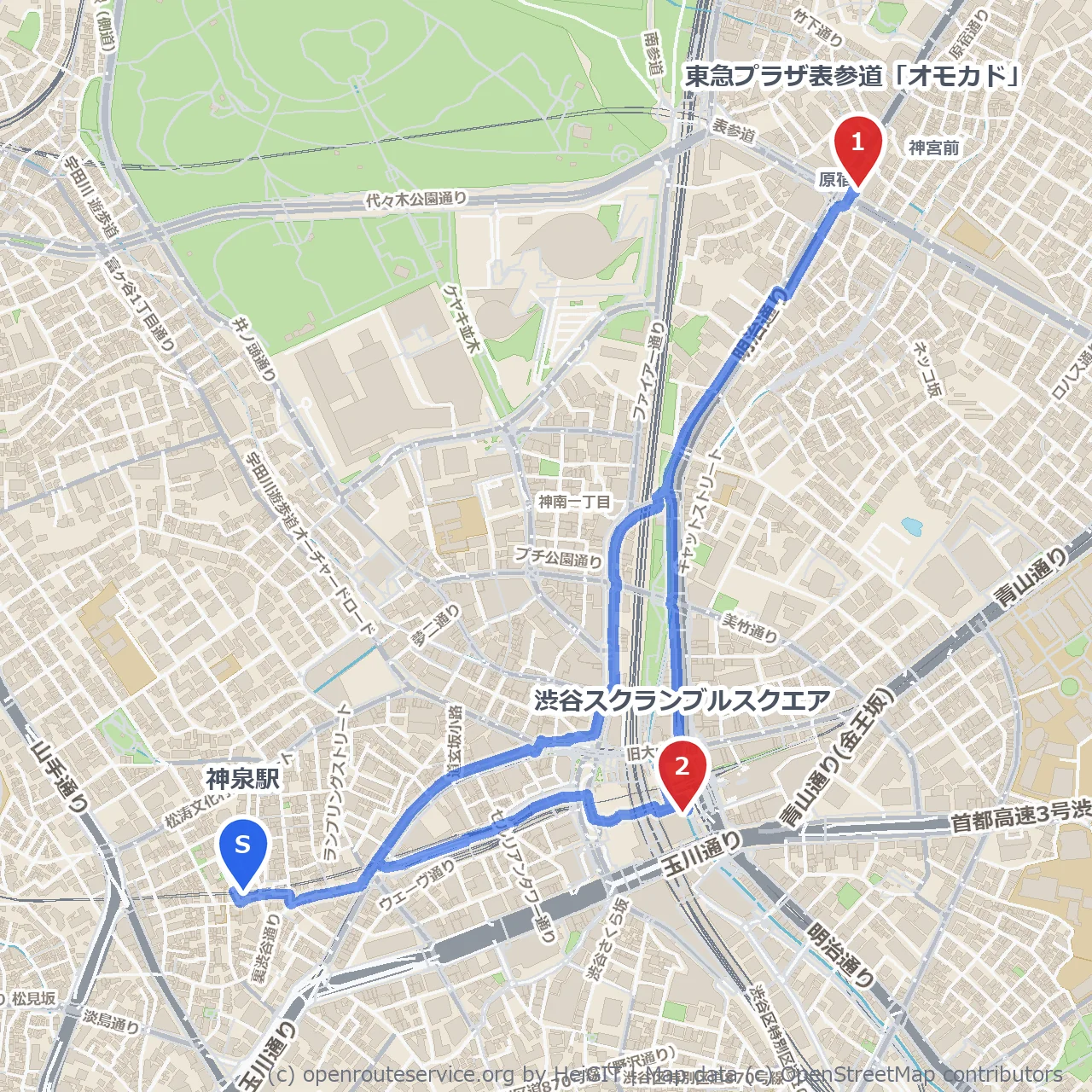 表参道オモカドから渋谷スクランブルへ歩く道 のコースマップ