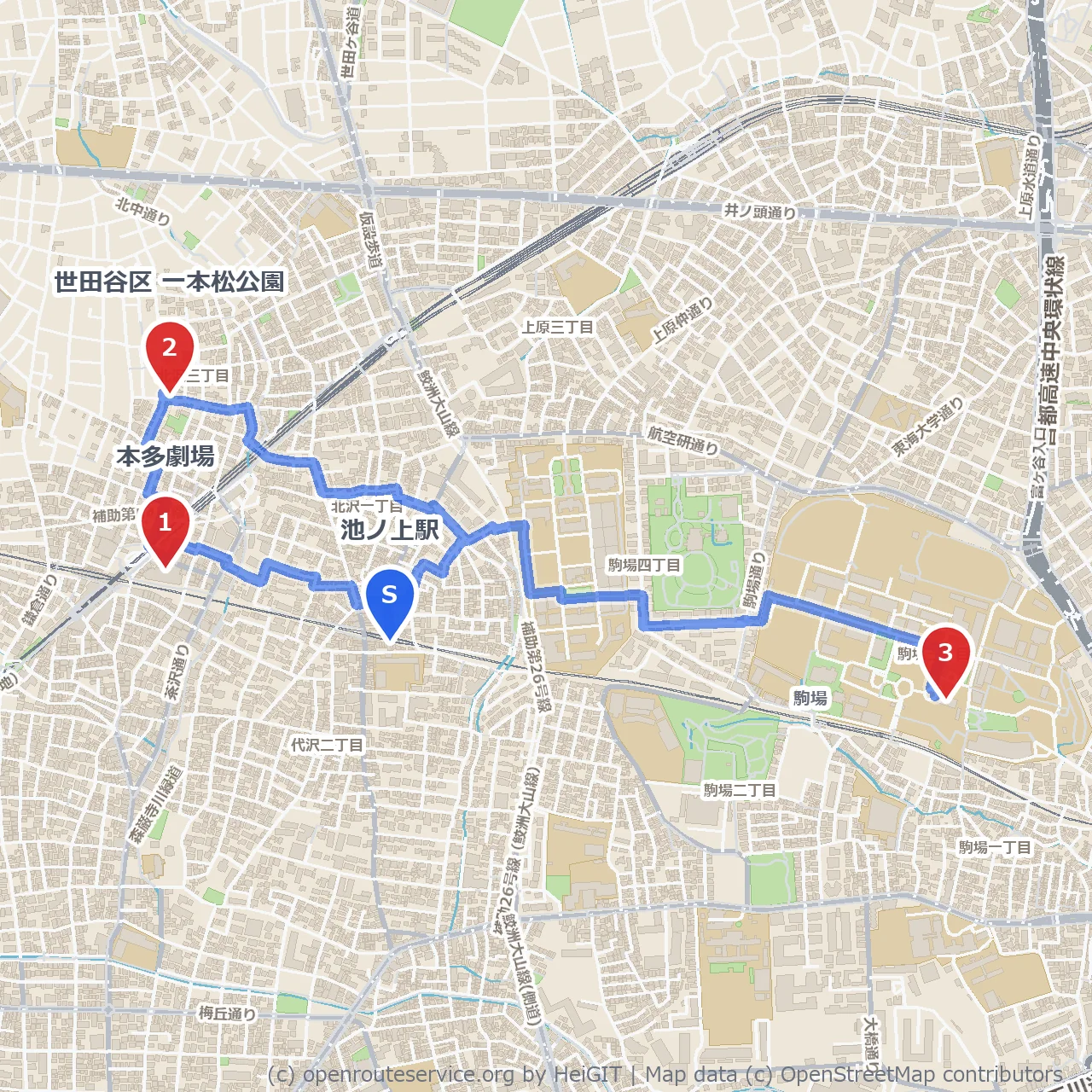 本多劇場から美術博物館へ世田谷の文化散歩道 のコースマップ