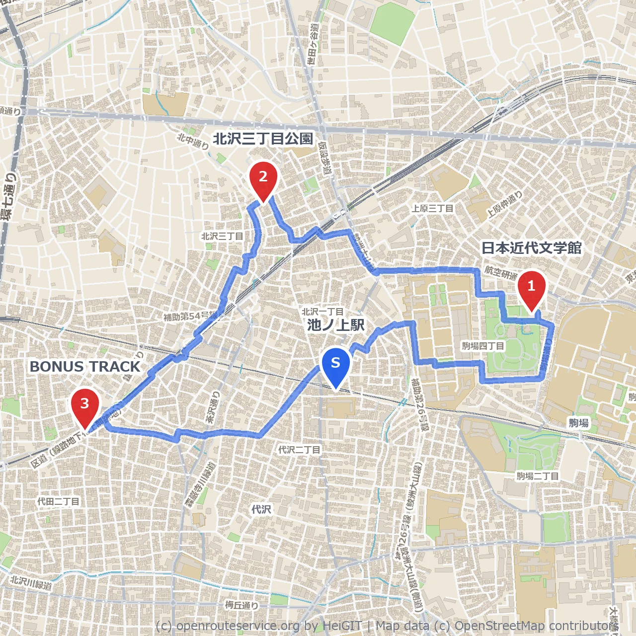 文学館と北沢公園を巡る池ノ上の静かな散歩道 のコースマップ