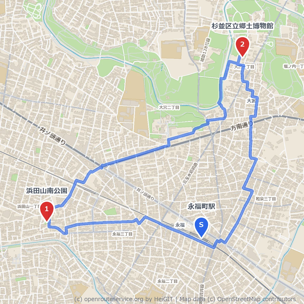 浜田山南公園と杉並区立郷土博物館歴史探訪コース のコースマップ