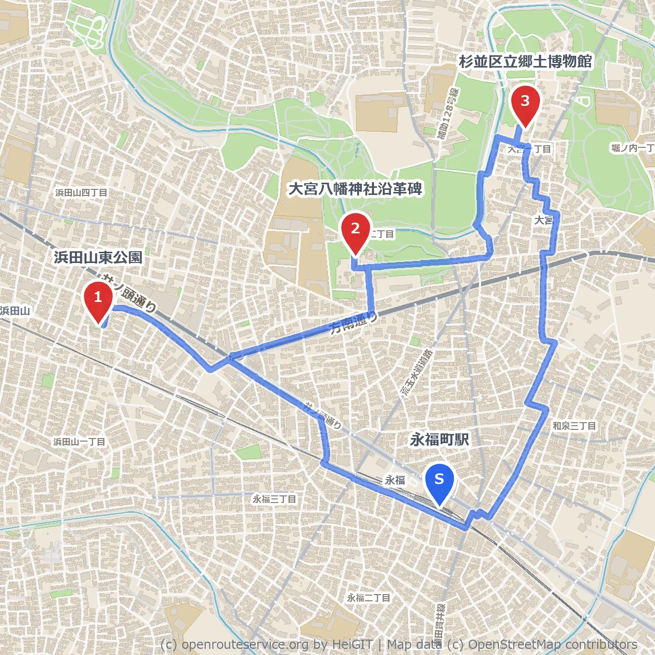 浜田山東公園と大宮八幡神社沿革碑を巡る古跡散歩 のコースマップ