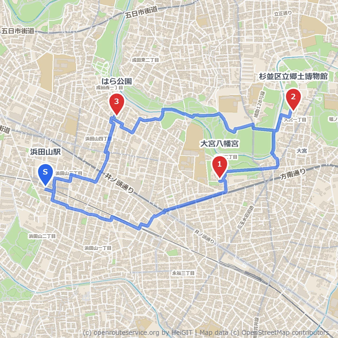 大宮八幡宮から郷土博物館、はら公園の歴史と自然散歩 のコースマップ