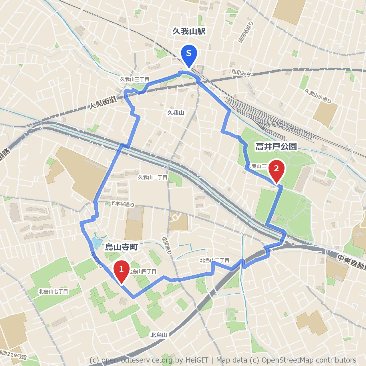 久我山寺町から高井戸公園へ のコースマップ