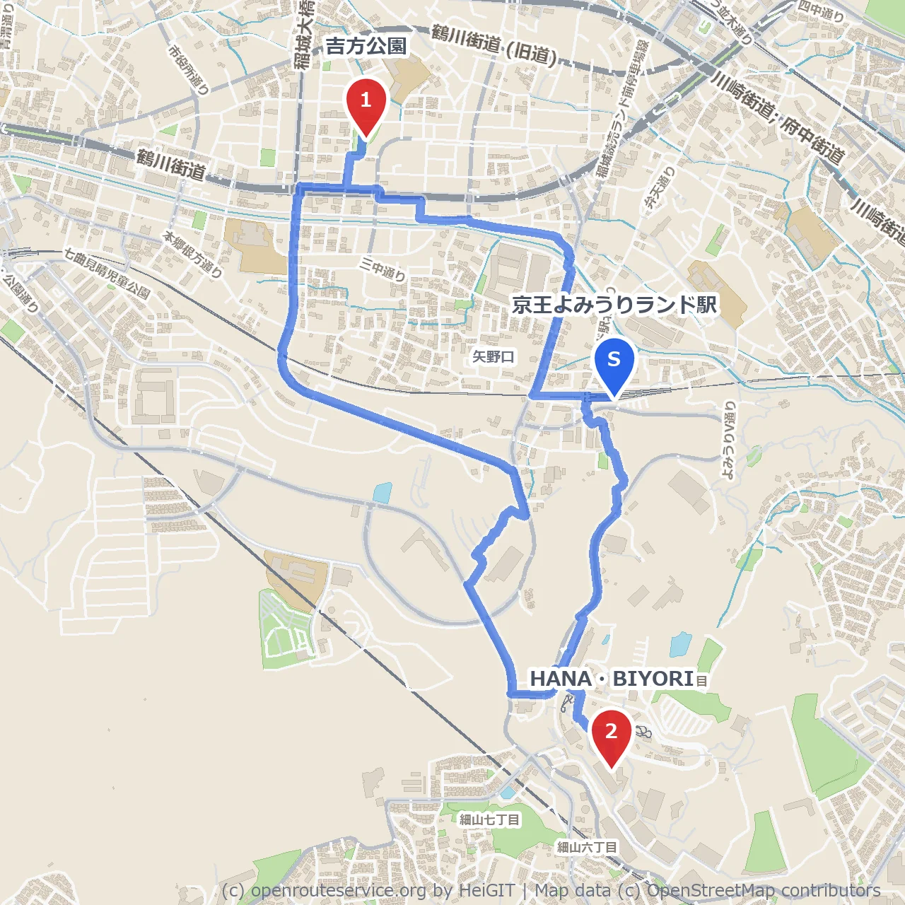 京王よみうりランド駅発 吉方公園とHANA・BIYORI散策路 のコースマップ