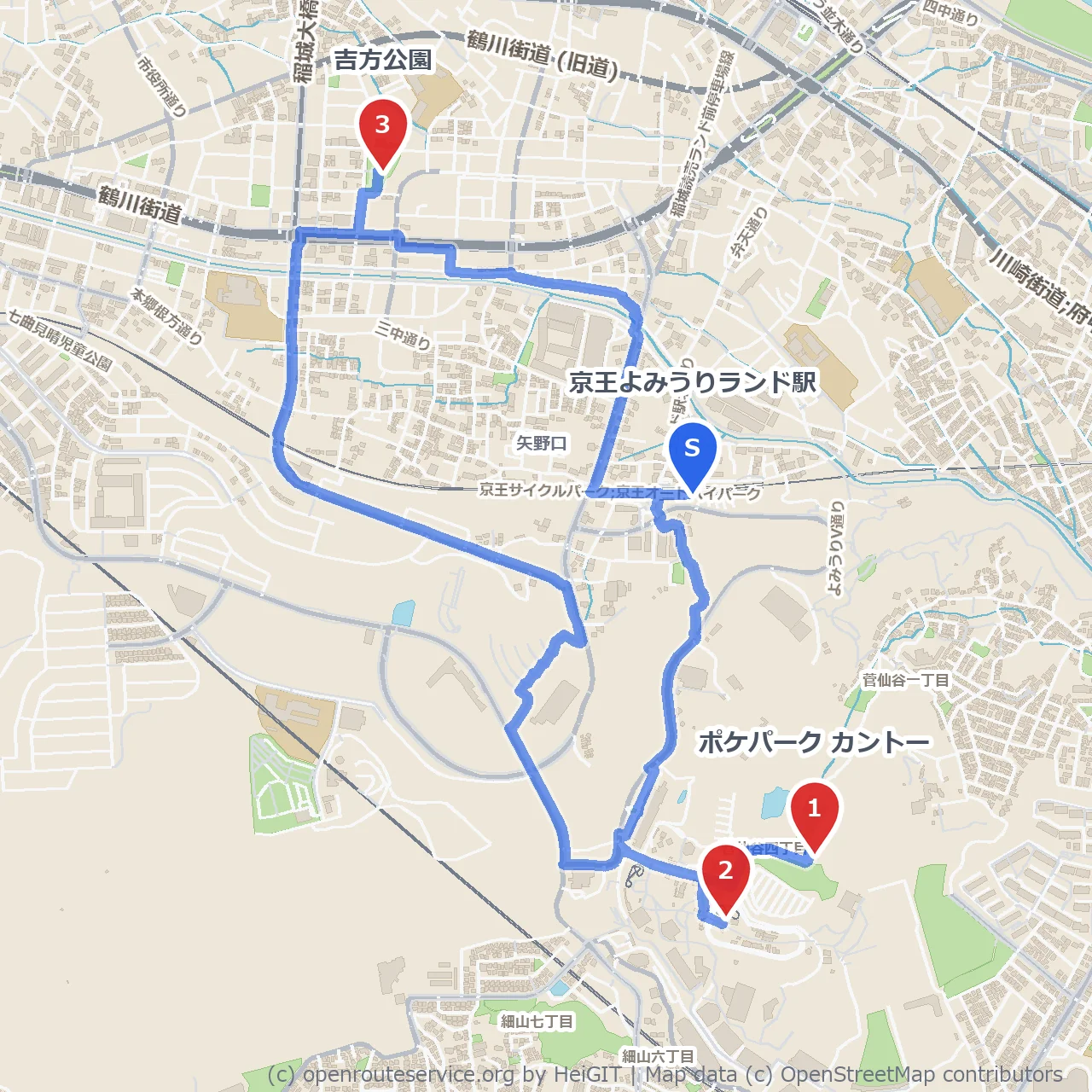 ポケパークカントーから吉方公園へ プテラサイクル経由の自然歩き のコースマップ
