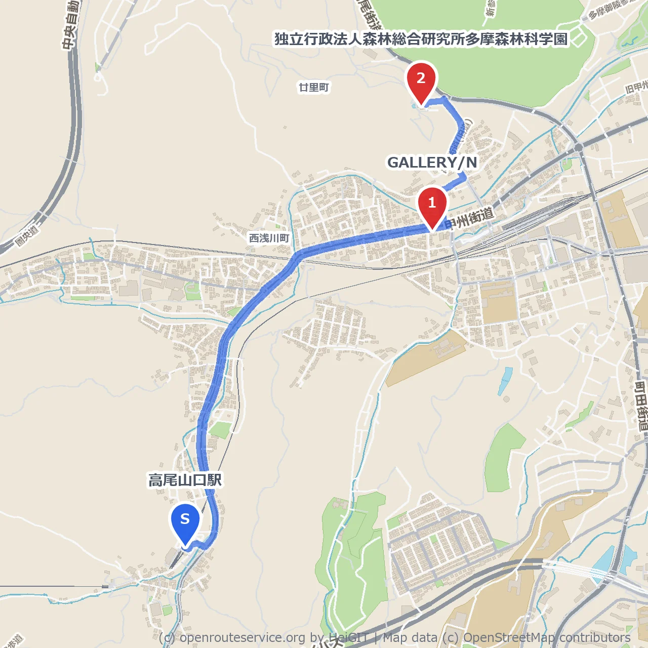 高尾山口駅発・自然とアート巡りウォーク のコースマップ