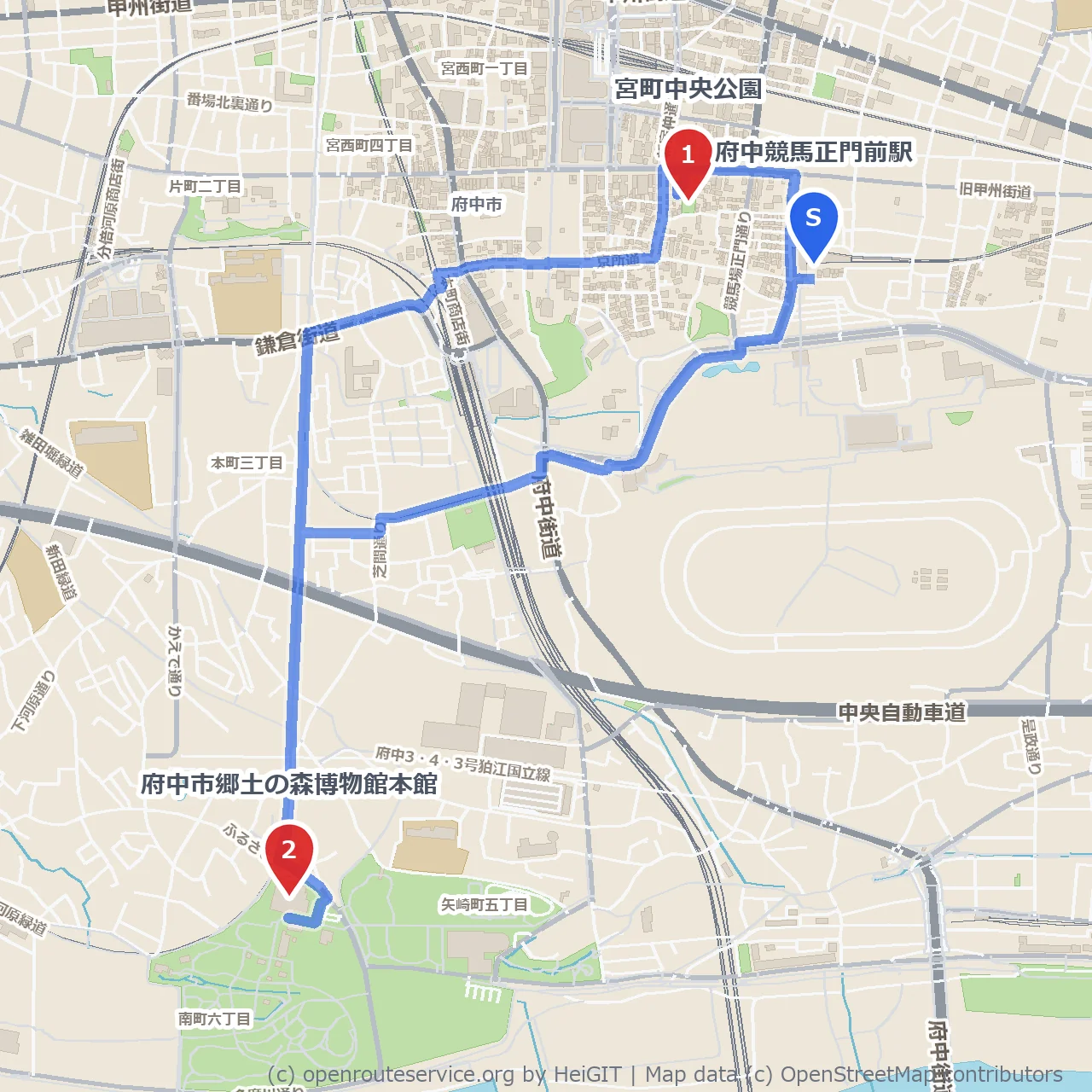 宮町中央公園から郷土の森博物館を巡る散策路 のコースマップ