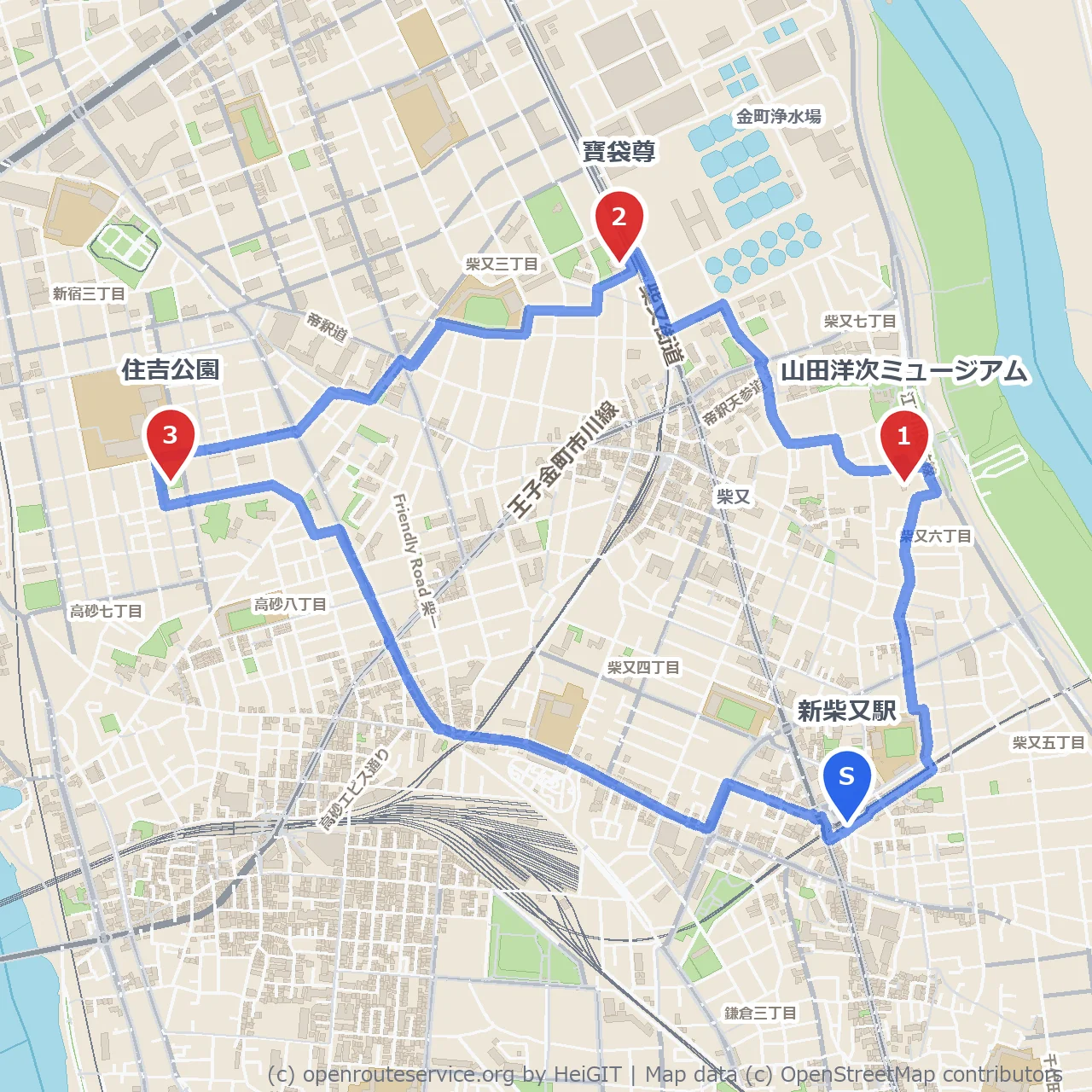 山田洋次ミュージアムと寶袋尊、住吉公園の文化散策 のコースマップ
