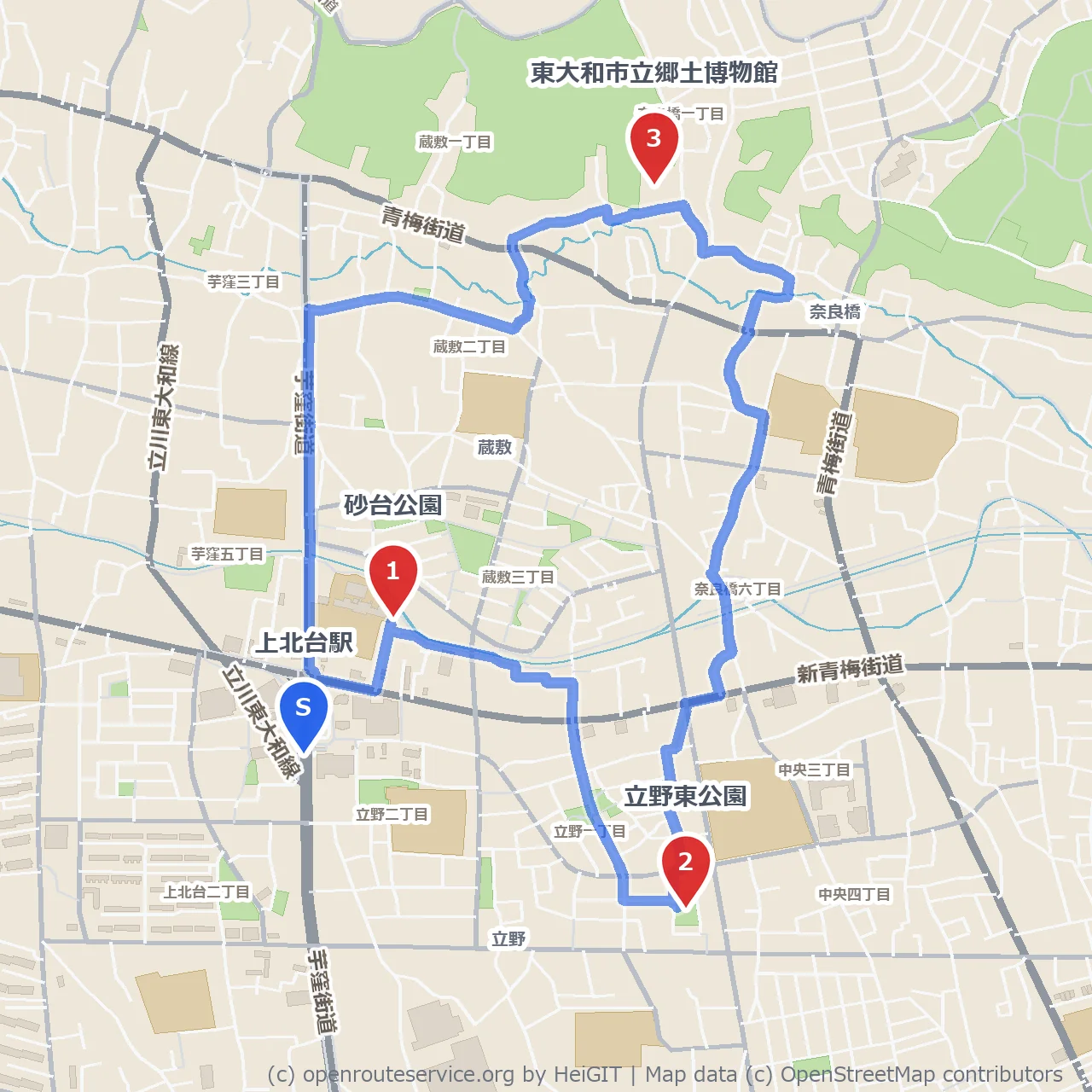 砂台・立野東公園と郷土博物館を訪ねて のコースマップ