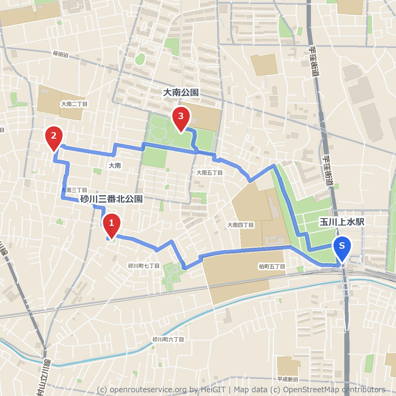 砂川三番北公園から歴史資料館経由大南公園散歩 のコースマップ