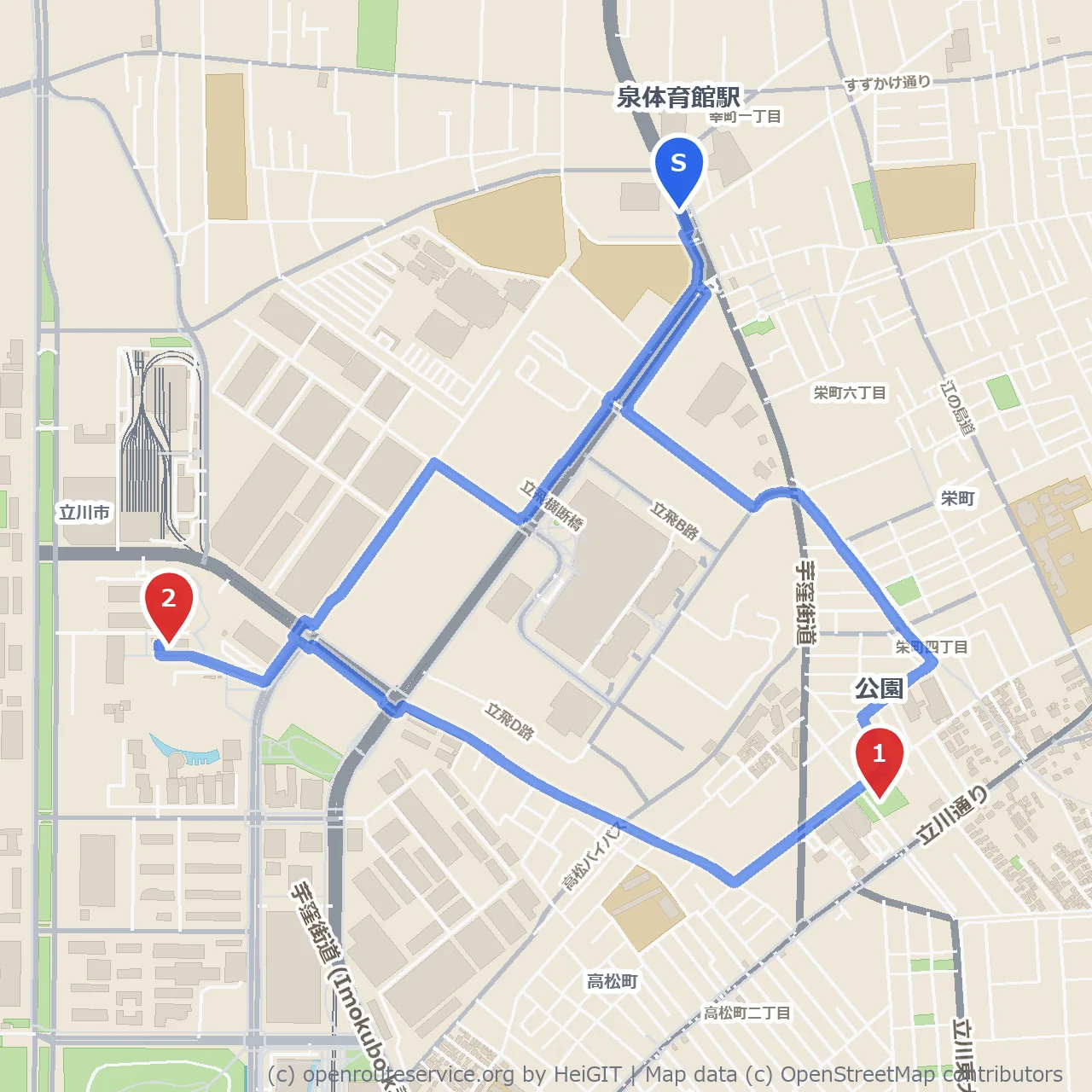 泉体育館駅から公園と南極・北極科学館散策 のコースマップ