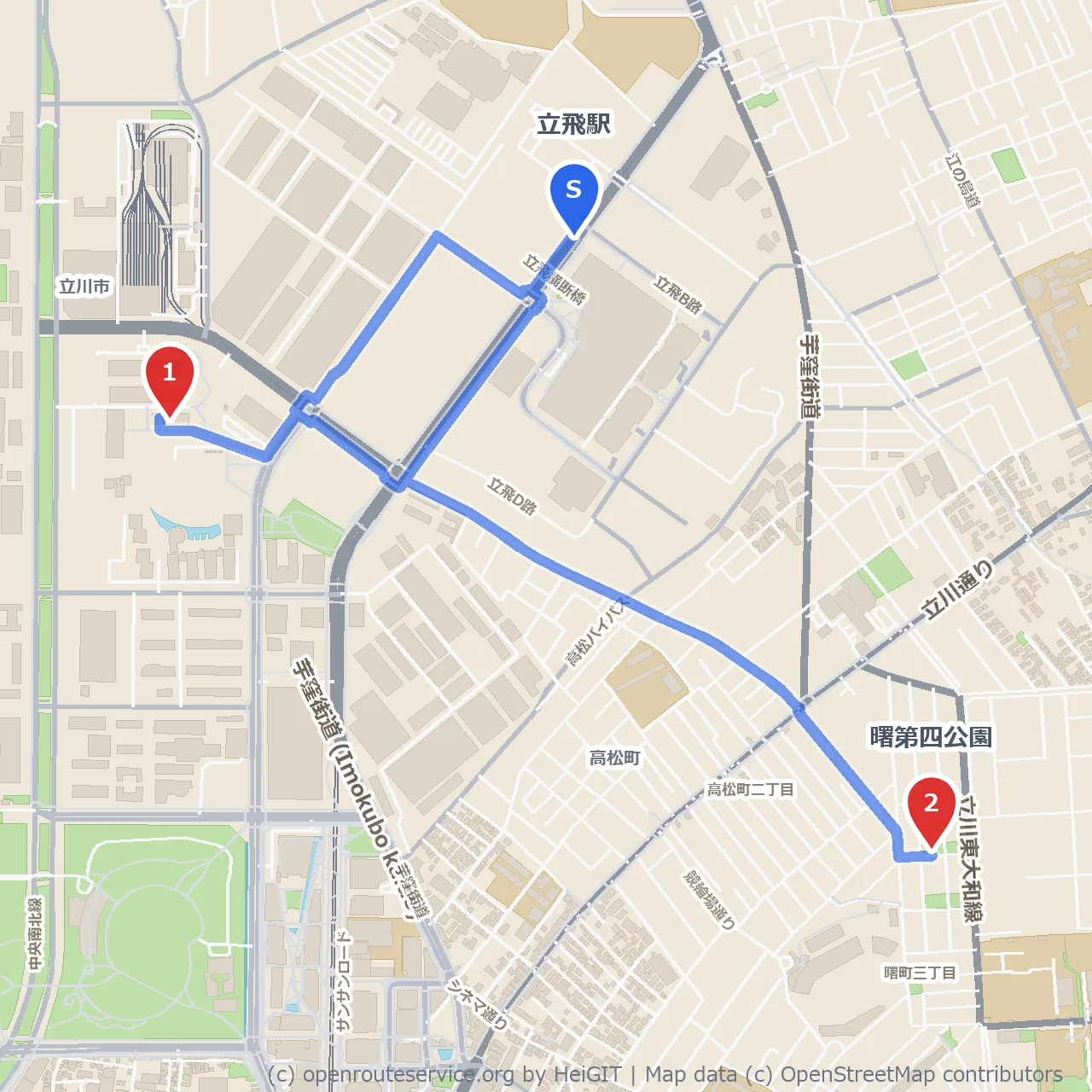 立飛駅から国立極地研究所と曙第四公園散策 のコースマップ