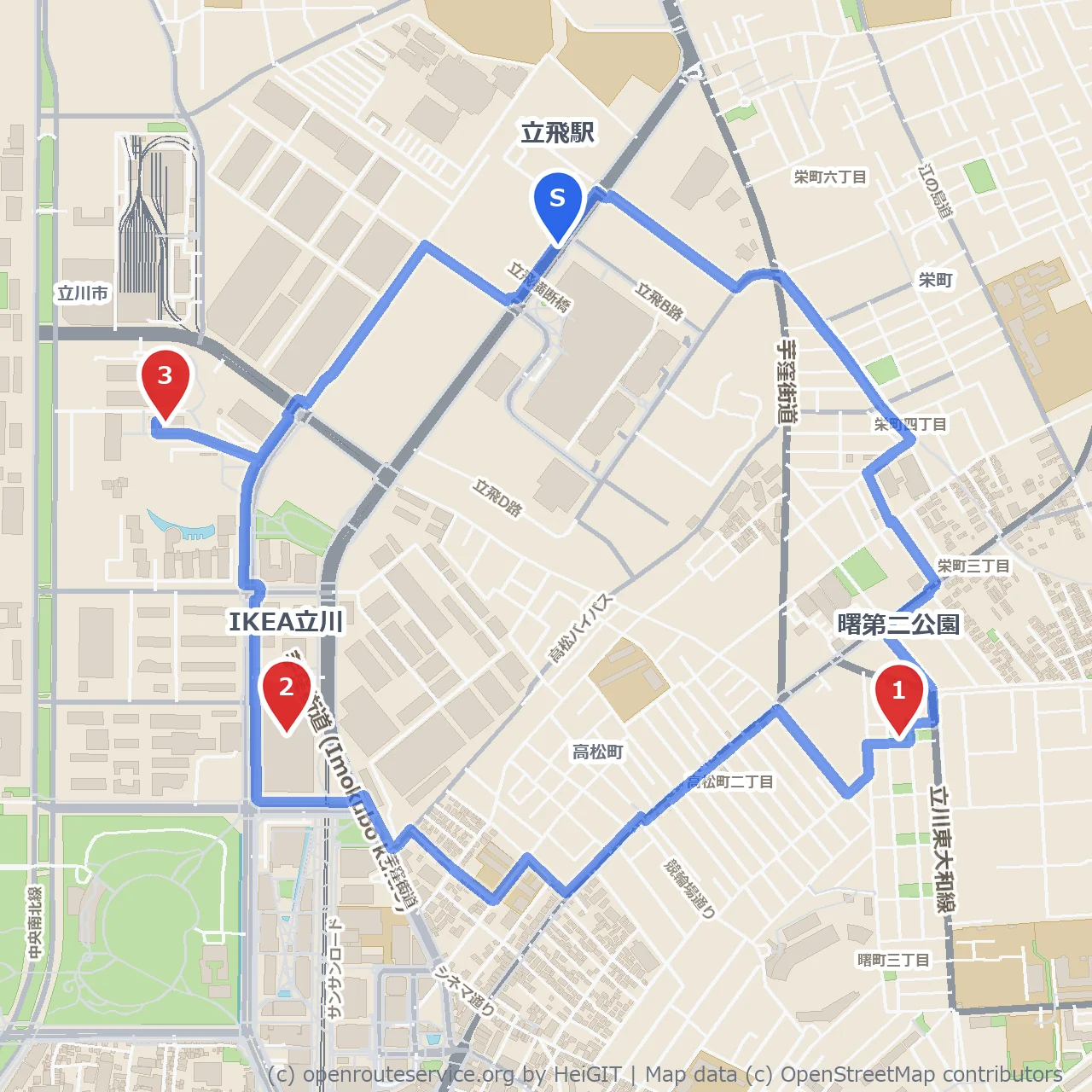 曙第二公園とIKEA立川を通る極地科学館周辺散歩 のコースマップ