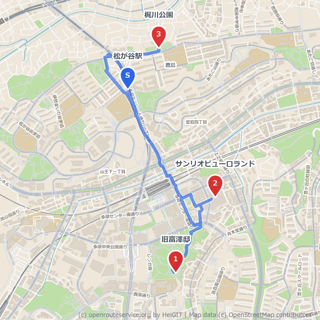 旧富澤邸とサンリオピューロランドを巡る公園散策 のコースマップ