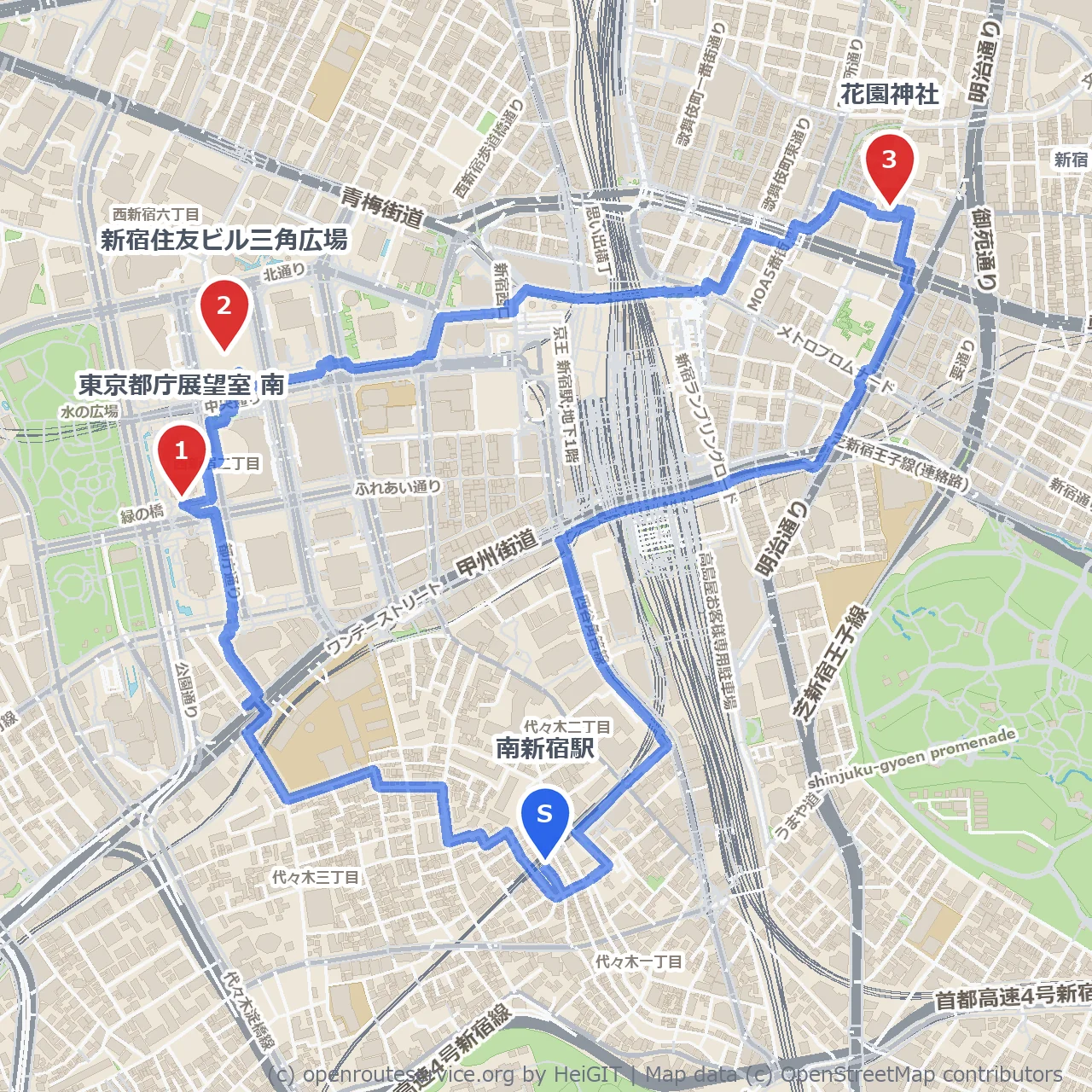 東京都庁展望室南から花園神社まで歩く のコースマップ