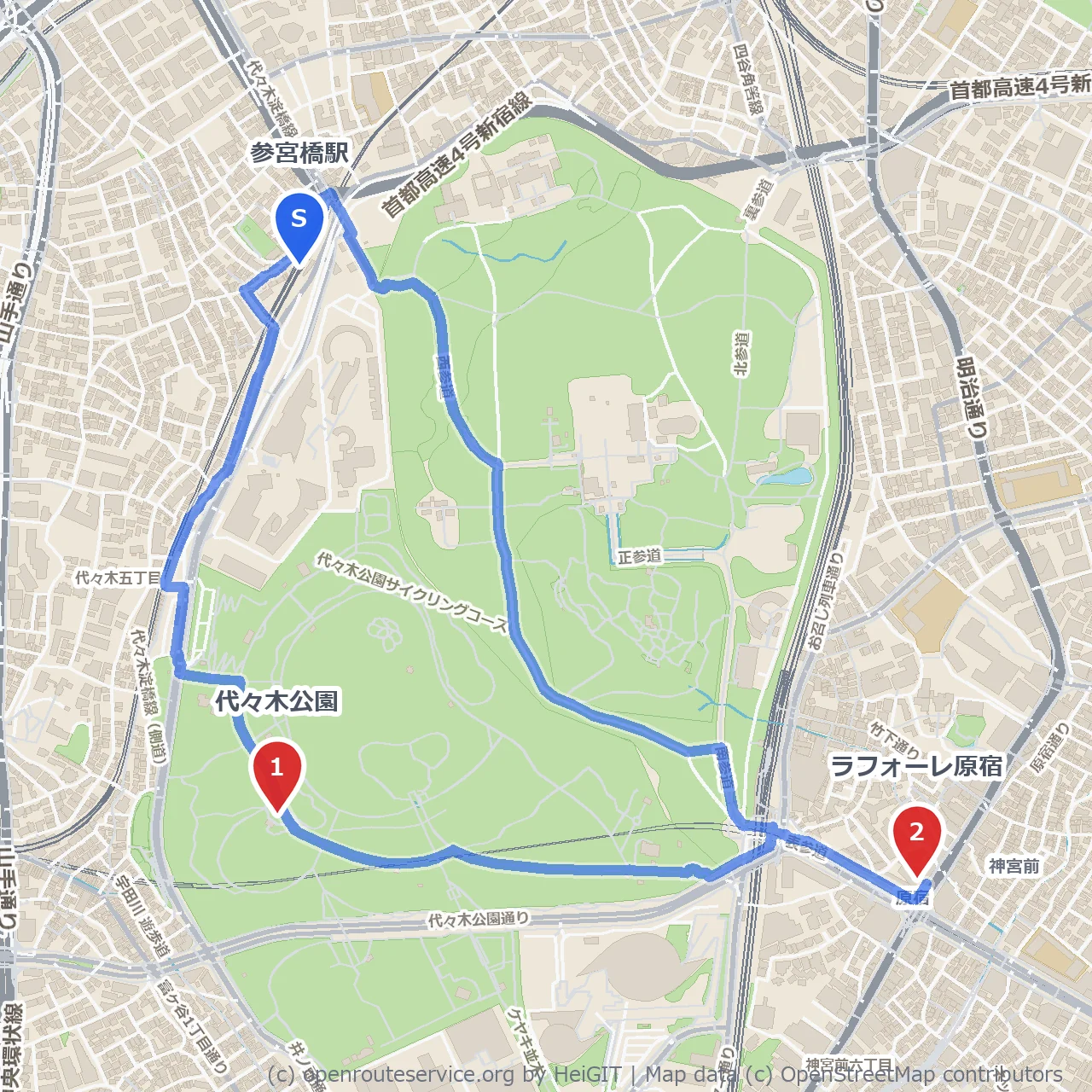 代々木公園からラフォーレ原宿へ都会の緑散策 のコースマップ