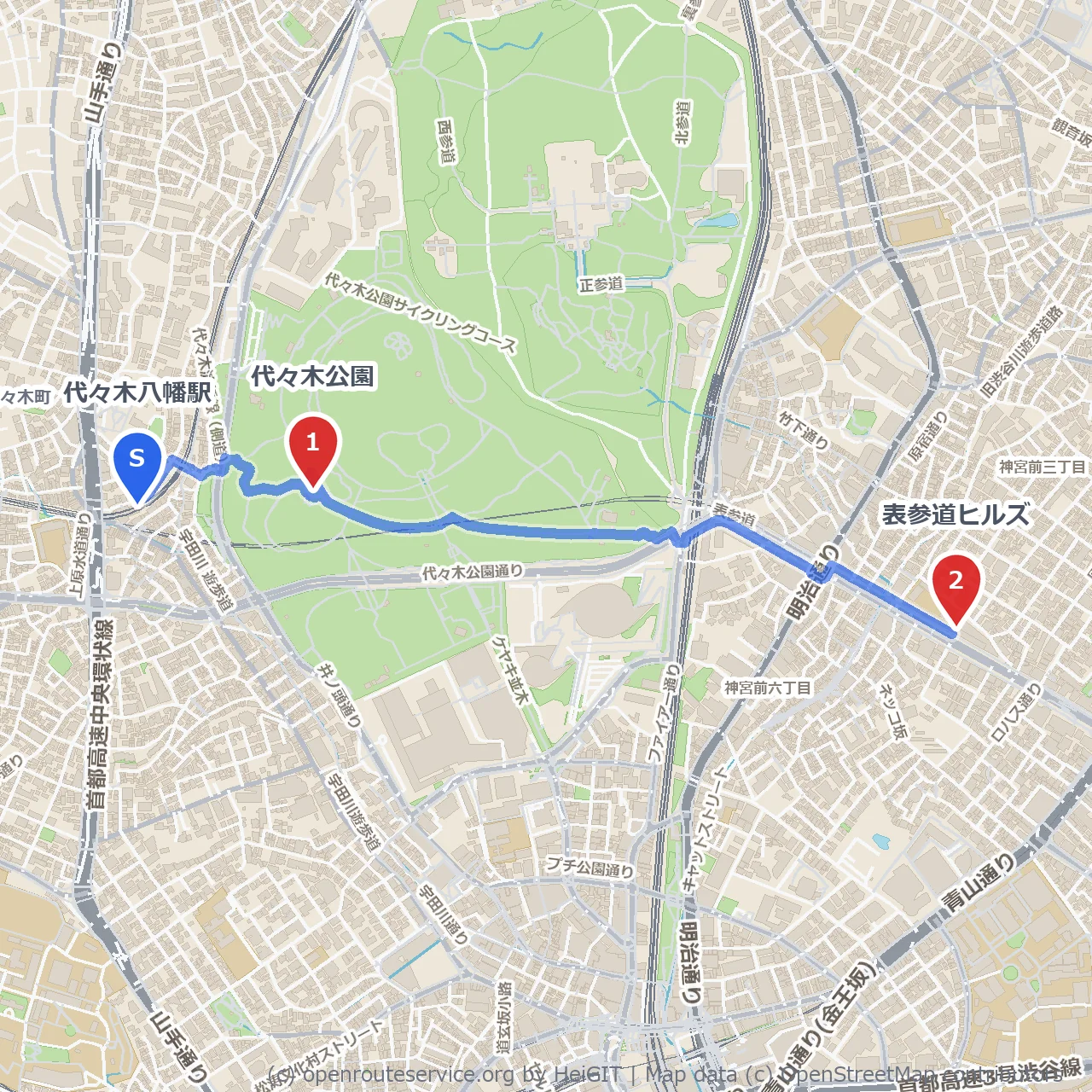 代々木公園から表参道ヒルズの緑と街歩き のコースマップ