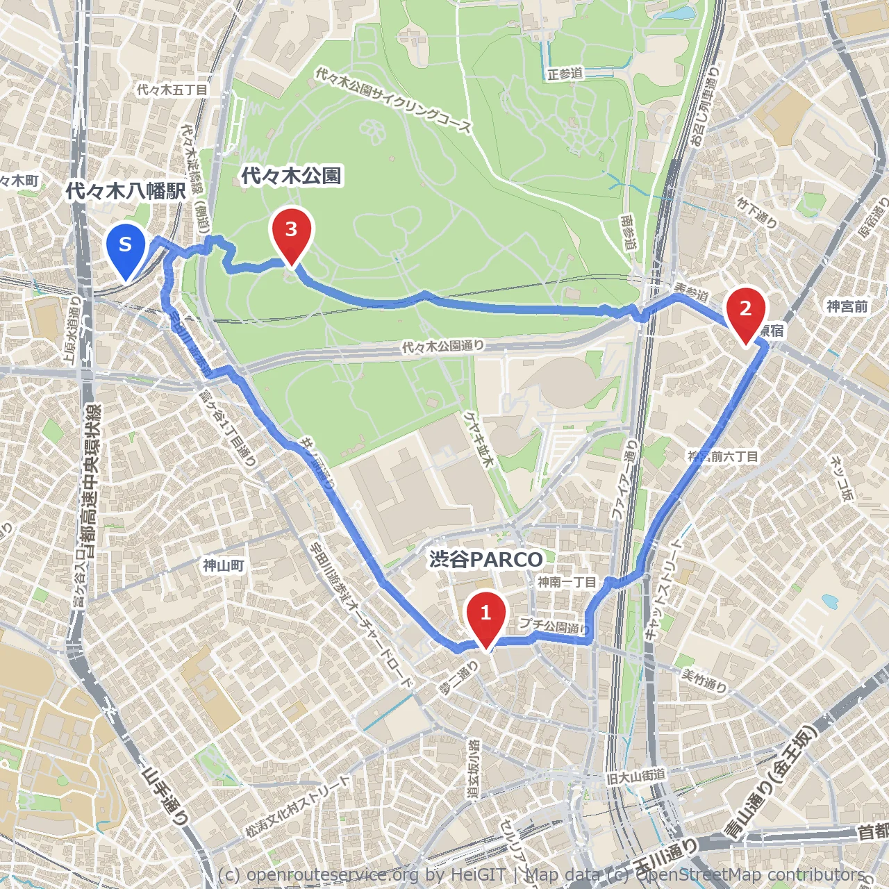 渋谷PARCOと原宿ハラカド経由の代々木公園散策 のコースマップ