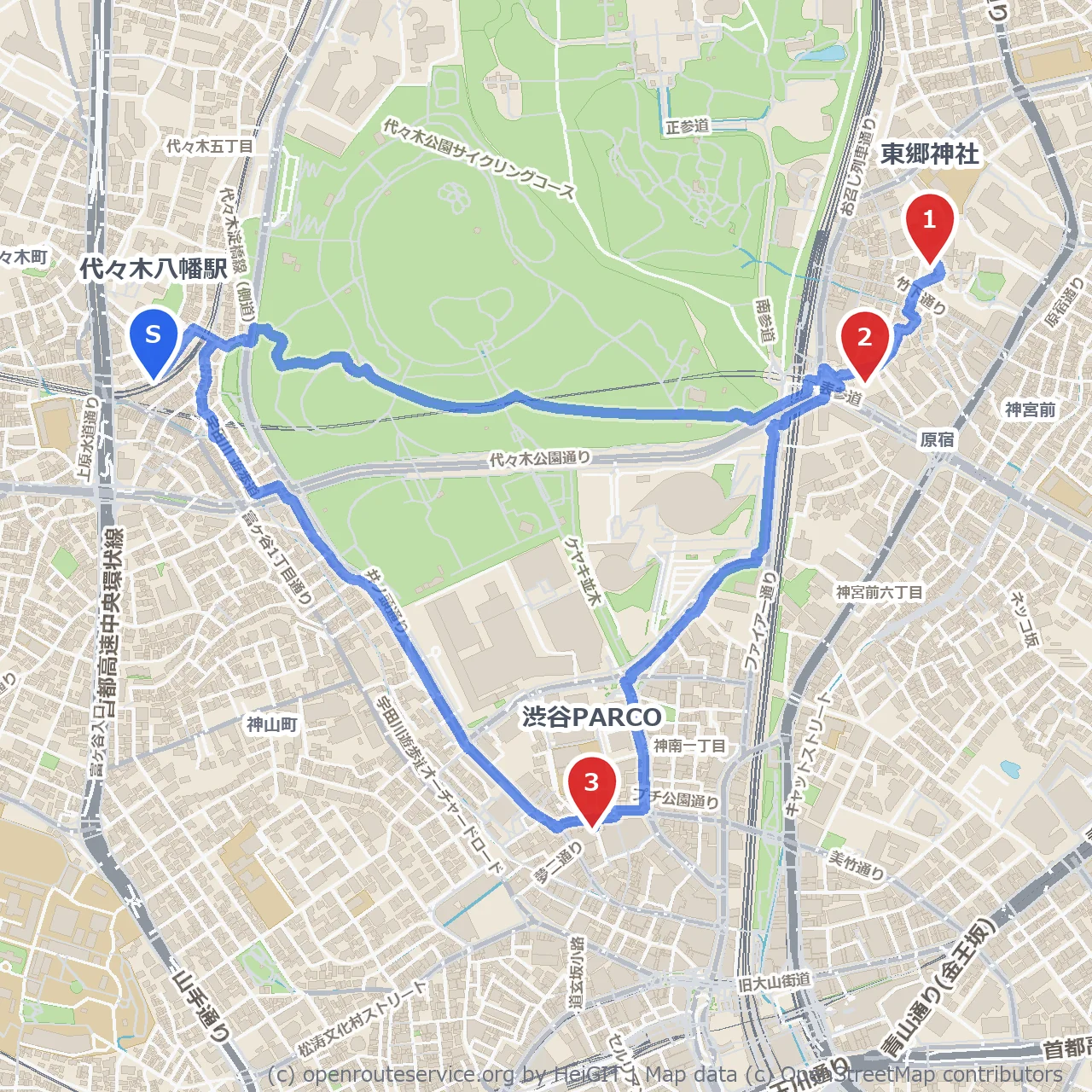 東郷神社から原宿クエスト・渋谷PARCOを巡る道 のコースマップ