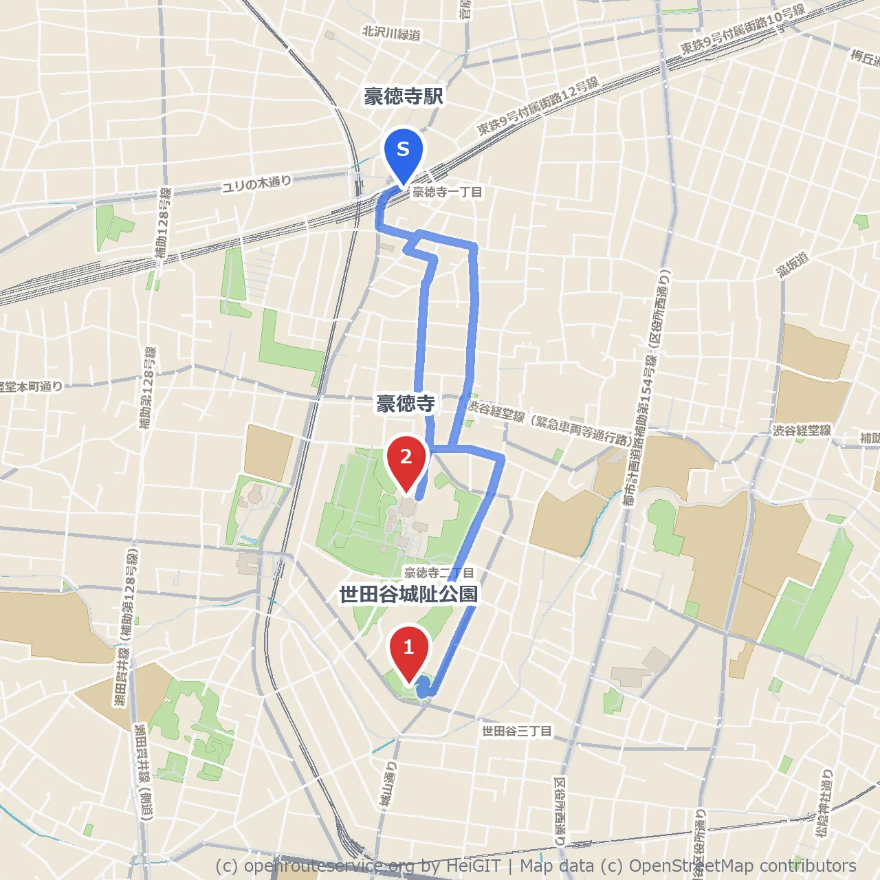 世田谷城阯公園と豪徳寺を散策 のコースマップ