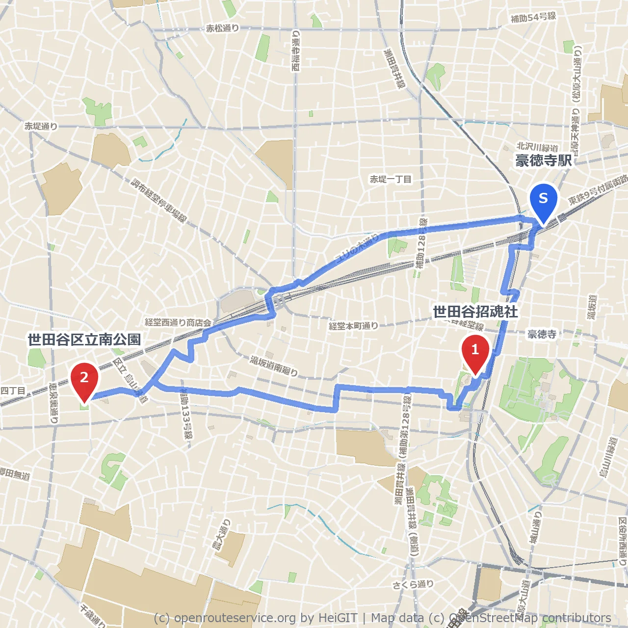 世田谷招魂社から南公園へのゆったり散歩道 のコースマップ