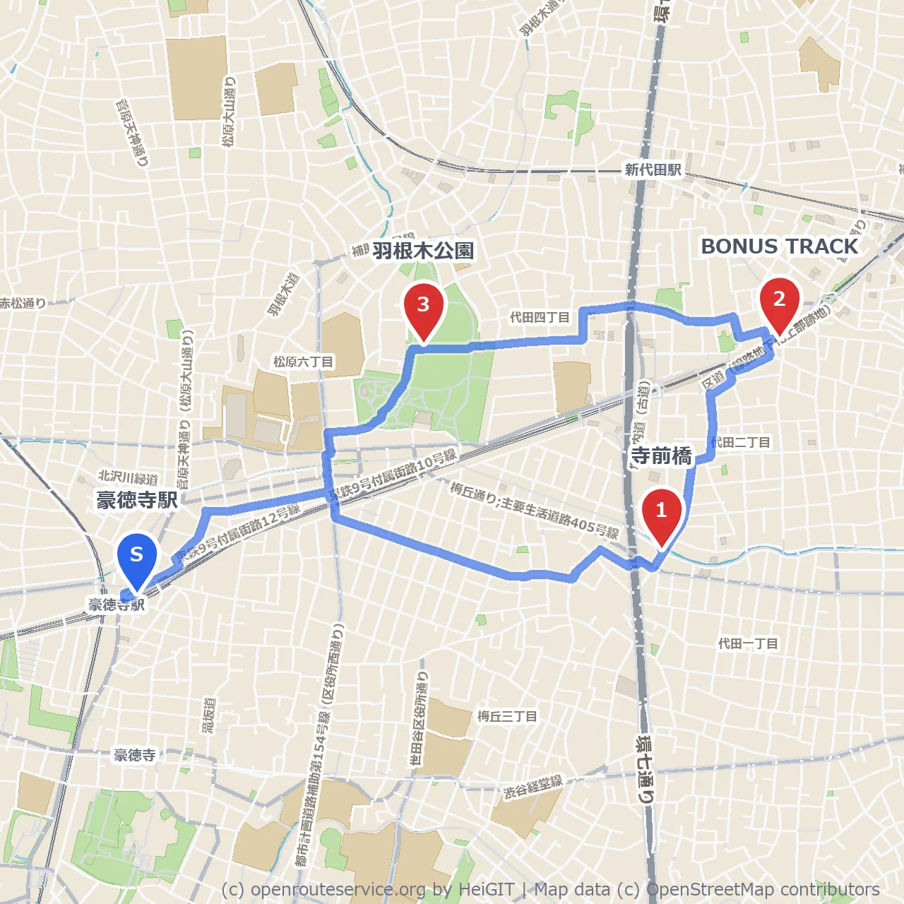 寺前橋とBONUS TRACKをめぐる道 のコースマップ