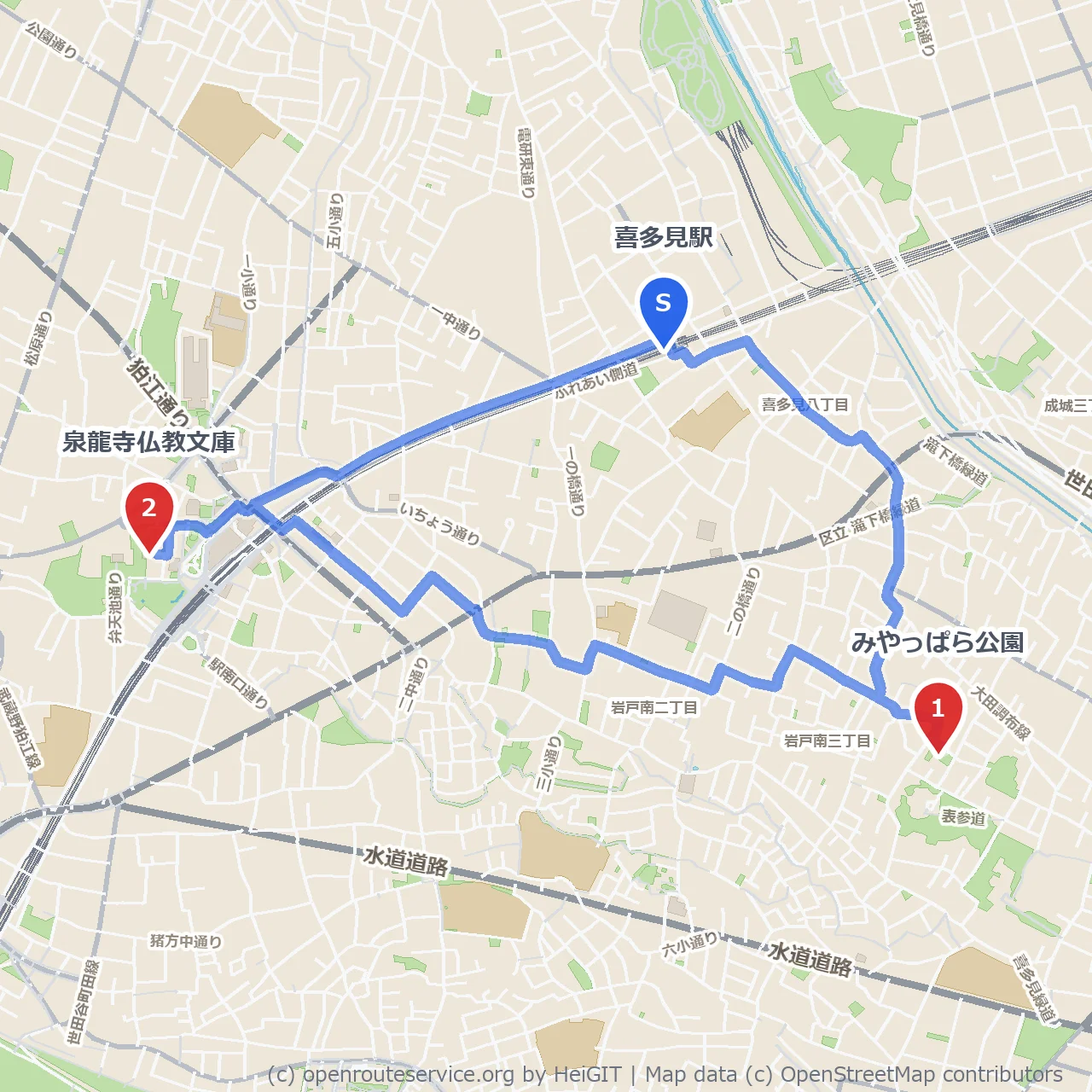 喜多見のみやっぱら公園と泉龍寺の静かな散歩道 のコースマップ