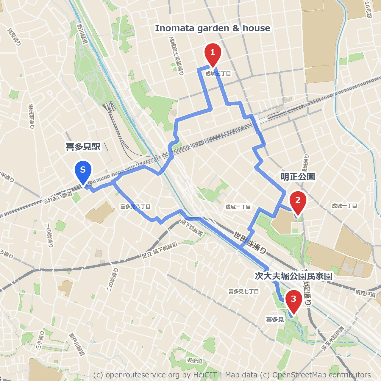 喜多見の田中家旧宅と歴史公園を巡る散策路 のコースマップ