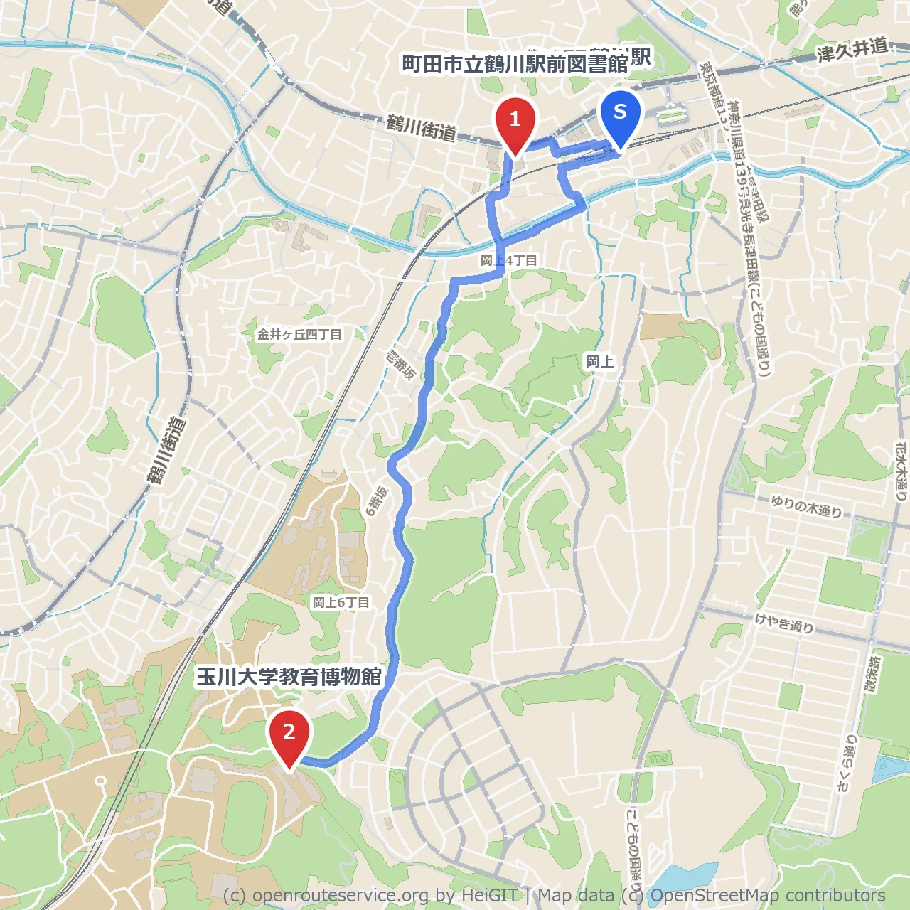 鶴川駅前図書館から玉川大学教育博物館へ歩く散策路 のコースマップ