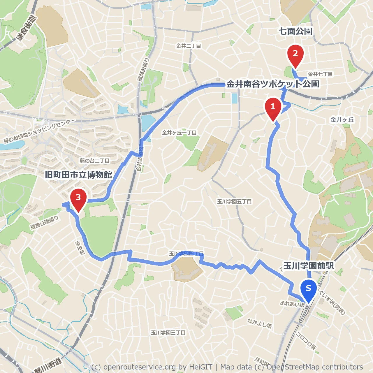 金井南谷と七面公園経由で楽しむ町田博物館の散歩道 のコースマップ