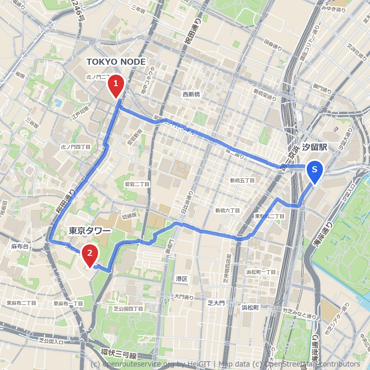 TOKYO NODEから東京タワーを望む都会歩き のコースマップ