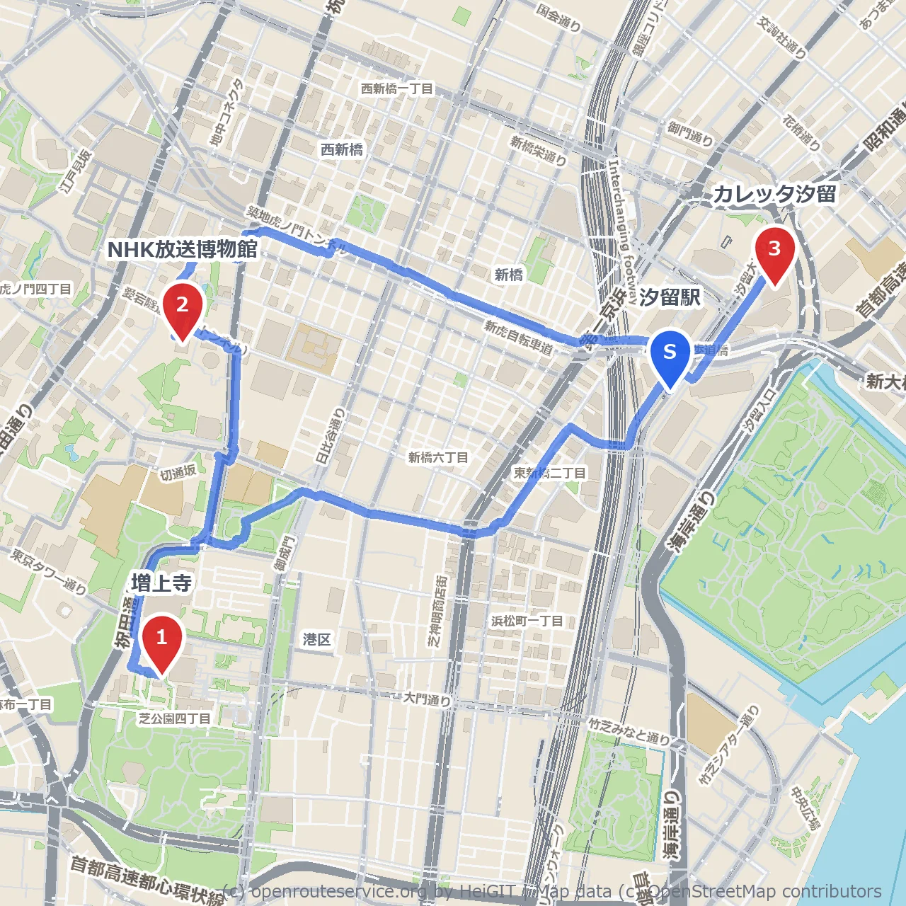 増上寺とNHK博物館を訪ねる汐留歴史散歩 のコースマップ