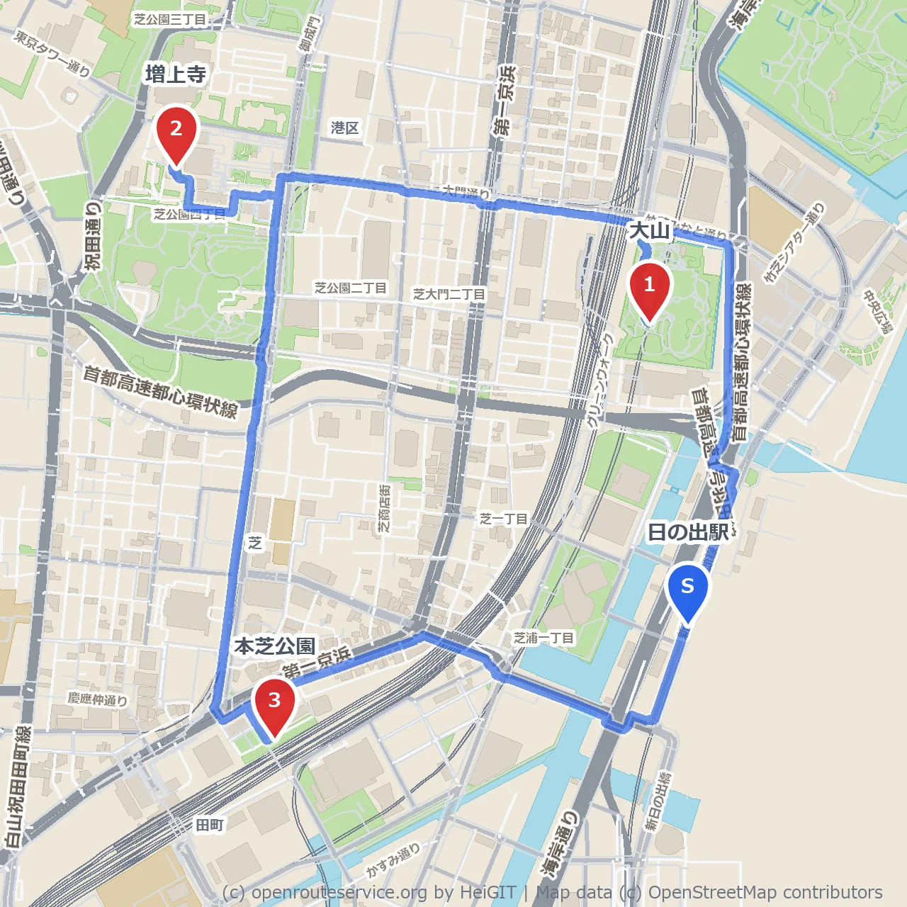 大山と増上寺を巡る日の出駅近くの散歩道 のコースマップ