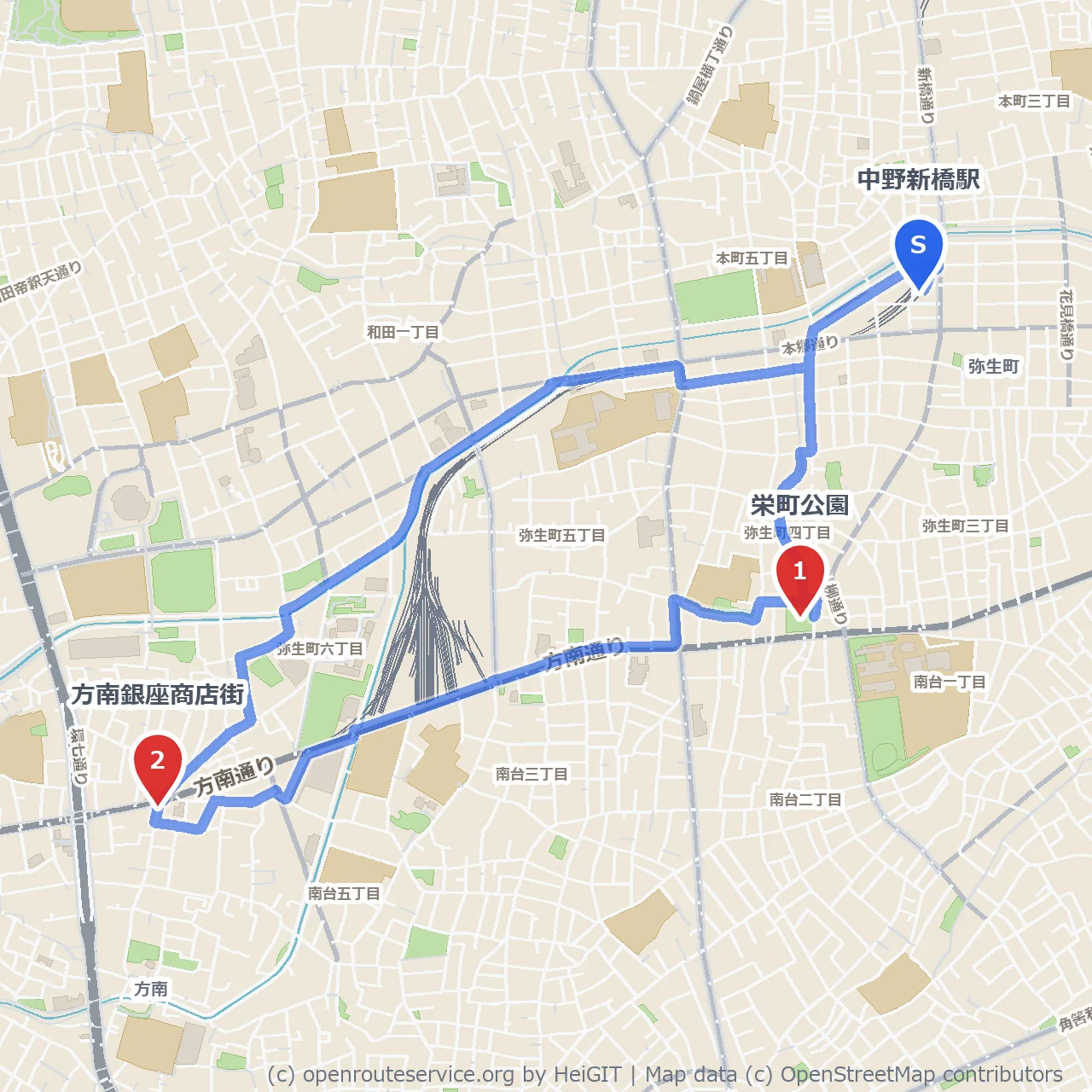 栄町公園から方南銀座商店街へののんびり散歩道 のコースマップ