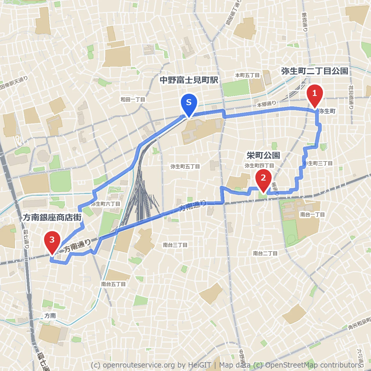 弥生町と栄町公園を歩く方南銀座商店街散策路 のコースマップ