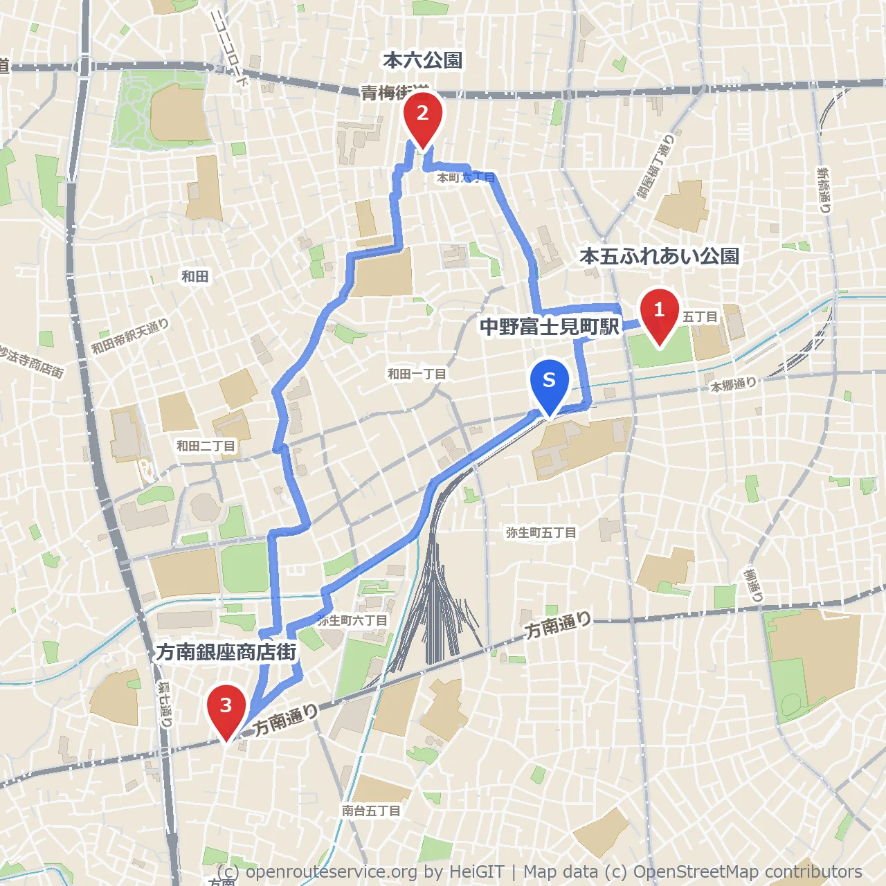 本五・本六公園経由で方南銀座商店街へ行く道 のコースマップ