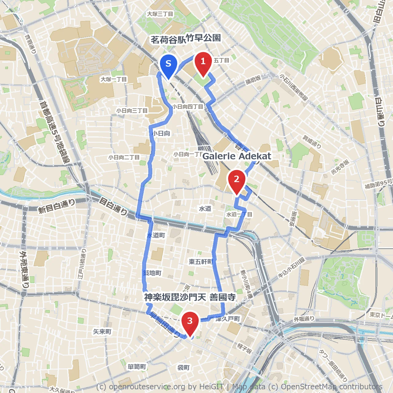竹早公園から神楽坂毘沙門天へのゆったり散策路 のコースマップ