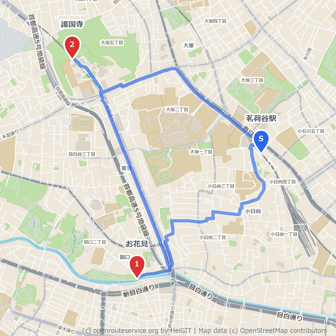護国寺と桜の名所を楽しむ茗荷谷の春散歩 のコースマップ