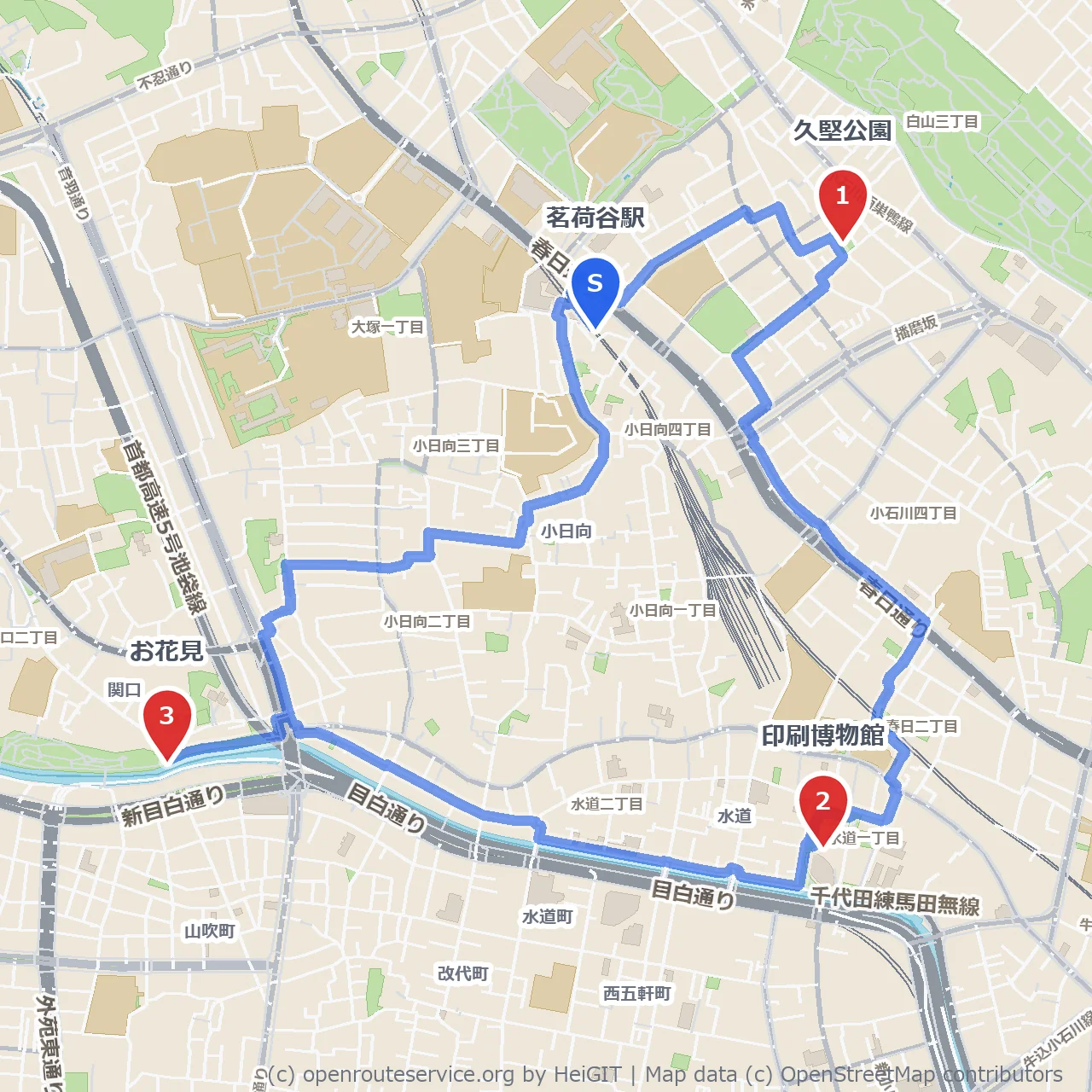 久堅公園と印刷博物館を訪ねる文京の歴史散歩 のコースマップ